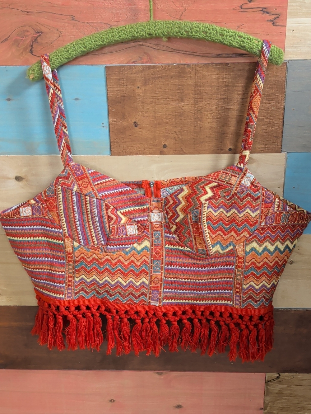 Cider Red Multicolor Zigzag Fringe Crop Top